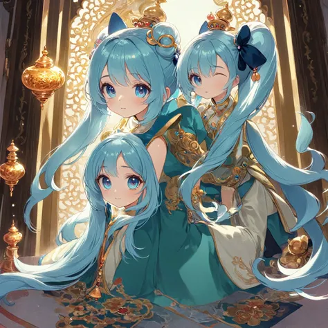  long light blue hair、 Beautiful Girl with Twin Tails 、Inside the palace、A magic lamp that shines brightly、big male servant 、The jewels are shining a lot