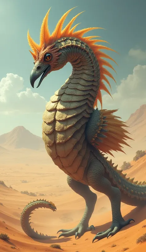  A monstrous hybrid of a realistic giant monstrous muscular seahorse combined/merged with a monstrous parrot in a realistic desert 