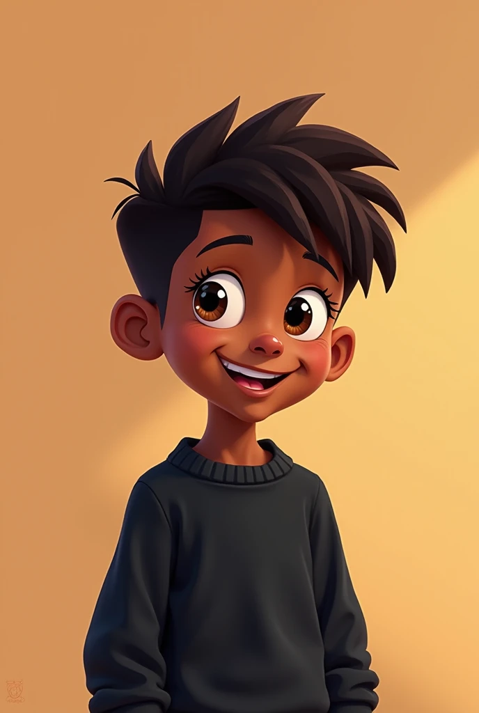 Create a Cartoon and anime style character, Young black boy in a black sweater and talking 