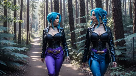 jinx, blue hair, blue leahter corset, black jacket, big breast, purpble tight leahter trousers, purple belt, ,walk in a forest