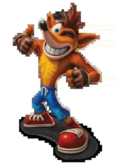 Personaje Crash Bandicoot, zorro,  with an athletic and stylized body .  He has a bulky and pointed butt on his head ,  wears a blue shirt and red sneakers ,  in addition to dark gloves . The character is seated in a chair in front of a wooden table,  usin...