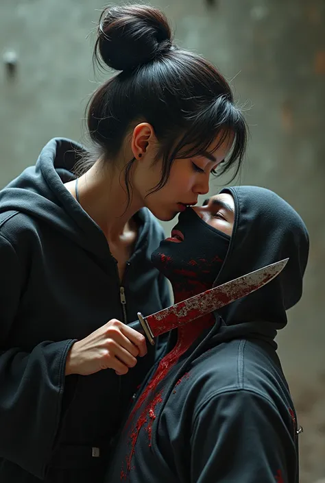 Hight resolution, Hight quality, realistic view, very beautiful cute woman, male neck bloody splashed, male ninja full face mask, male hoodie, male die, woman very thick big bunhair, ninja very bloody in neck, woman cut neck ninja by knife, ninja worship t...