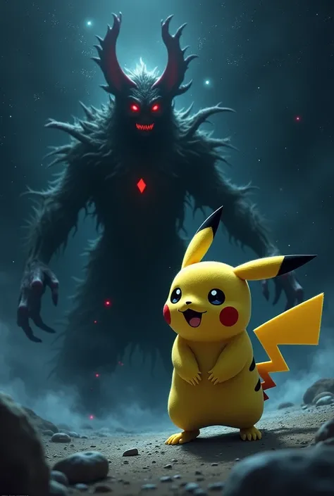 Pikachu is frightened and surprised by the devil in outer space