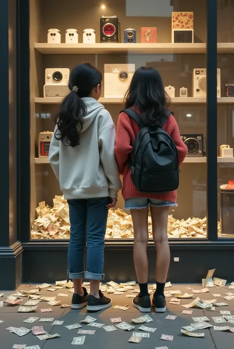  Can you take a realistic, natural and simple photo of two Generation Z girls,  Staring your nose into a store window , qui vend tout un tas de gadgets inutiles et sur le trottoir à leurs pieds des centaines de billets de banque qui senvolent. contrasts. C...