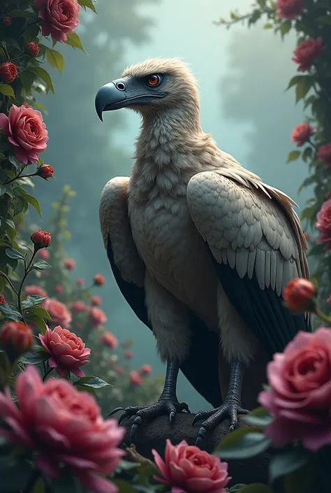  Photo realistic image of a vulture surrounded by detailed fantasy like flowers and vines in complimentary colors.

Surrealistic misty atmosphere. Soft grunge background.