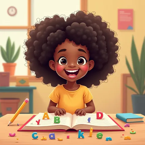 Cartoon image of a  curly-haired black  playing very happily with letters joining syllables and very smiling she is studying learning to read