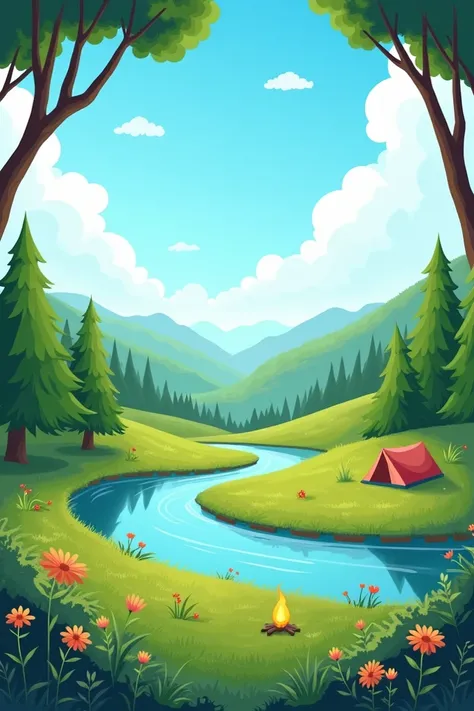 Generate a serene and vibrant outdoor camp scene with a lush green forest in the background, a calm river flowing through, and rolling hills under a bright blue sky with scattered fluffy clouds. The landscape should evoke a sense of adventure, tranquility,...