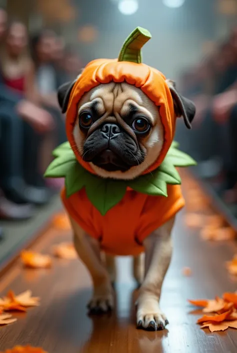 Create a hyper-realistic baby pug confidently strutting on a glossy runway, dressed as a pumpkin for Halloween. The costume features a soft, vibrant orange fabric with subtle creases, a realistic green leaf collar, and a perfectly textured pumpkin stem hat...