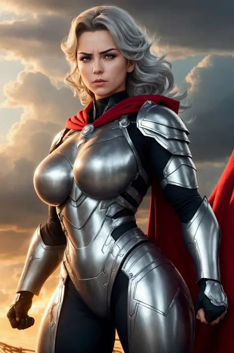 
" An immense and strong heroine ,  with big breasts ,  a muscular body covered by shiny metallic armor sexy and sensual, inspired by Colossus .  Her silver metal skin reflects light , and your muscles,  covered by steel plates ,  are detailed and robust ,...