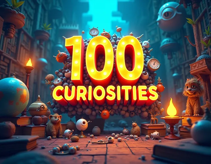  Create a vibrant and striking image for the cover of a YouTube video with the theme 100 Curiosities That You Didnt Know.  The image must have a colorful and dynamic background ,  with elements that refer to curiosities , like a globe, a lit lamp (ideas), ...