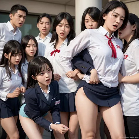 清楚な japaneseの美人女子学生を物色する中年男性たち,   female students are suddenly taken off their school uniforms in front of the public and their ...