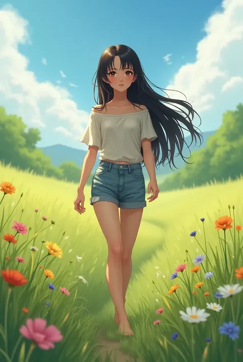  A woman about 24 years old long black hair,  big brown eyes , strolling in a beautiful field  