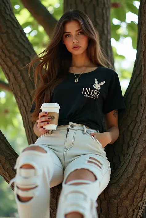  25 year old fat Asian European woman with long brown straight hair blowing in the wind wearing a black t-shirt with the inscription"Indy ".jacketed white jeans with rabbit logo open zipper,wearing a necklace,in shorts , has a tattoo of a dragon diphaha ,w...