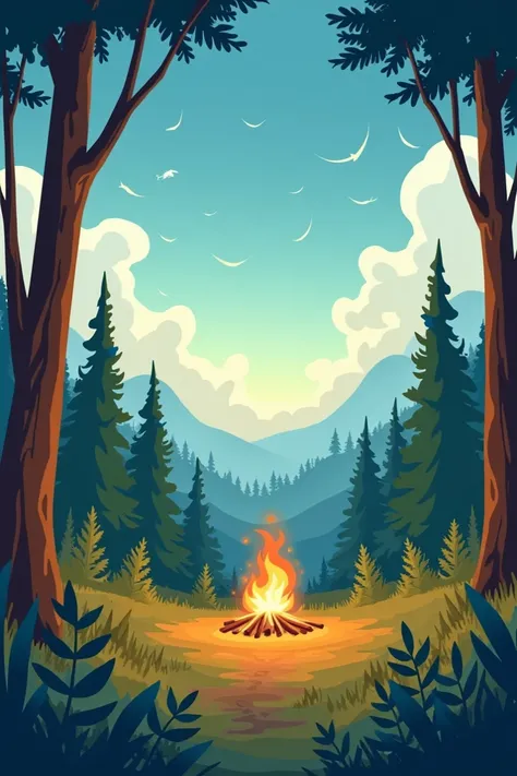 Generate a serene and vibrant outdoor camp scene with. The landscape should evoke a sense of adventure, tranquility, and connection with natureq, and the distant silhouette of a campfire, symbolizing the warmth and community of the camp experience. The col...