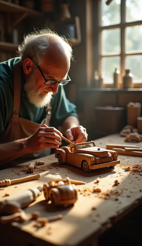 The hands of an older man make a wooden car in a carpentry shop without people. 