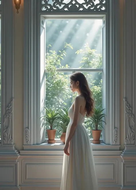 a woman gracefully posing, back to us, looking out of the window, elegant expression, long wavy brown hair, delicate facial features, serene and alluring atmosphere, sunlight streaming through the window, intricate architectural details, lush outdoor plant...