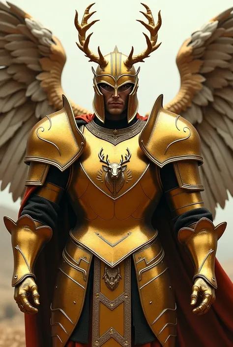 Solider in golden color plate armor with helmet that has white wings on ears and on chestplate is located coat of arms which looks like head of stag 