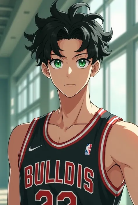 anime... is an adult man ... with black hair curlers.unfurled  ..Korean .  Verdagua eye ... high..  attractive sexy boy ..  age 26 years  . adult adulesete .  full body head-to-toe dress..basketball.negro .l. anime