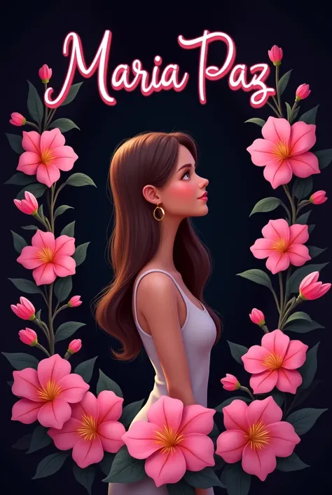 Image of the name Maria Paz with pink letters and black background with pink flowers and profile of a beautiful cartoon woman with long brown hair

