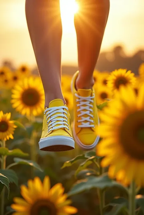 Beautiful yellow sports shoes with white braids placed on legs walking elegantly among a beautiful field of yellow sunflowers with a sun. radiant 