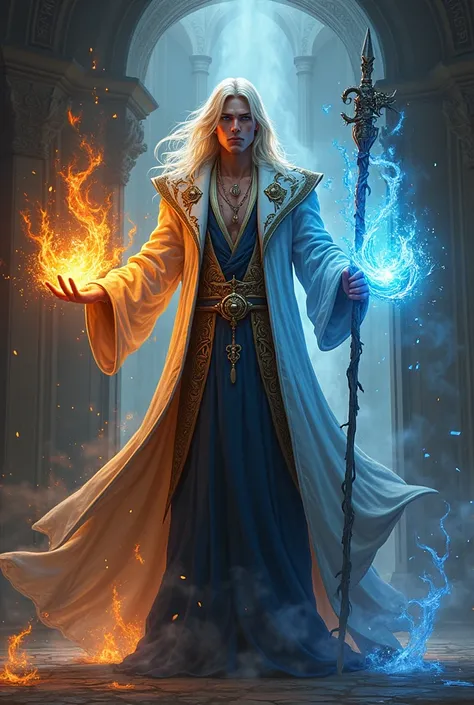 Magician man with blond hair using fire and ice magic  