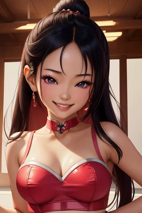 a close up of a woman wearing crop top posing for a photo, cute seductive smile, beautiful asian girl, beautiful seductive anime teen, hyper realistic anime, perfect expression, japanese goddess, seductive anime girl, with a seductive smile, Friendly and s...