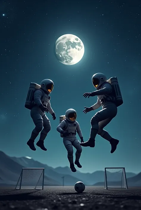 Three astronauts are playing soccer in the sky.  It is moonlight.  The playground is the sky.  And the many stars and two soccer goals 