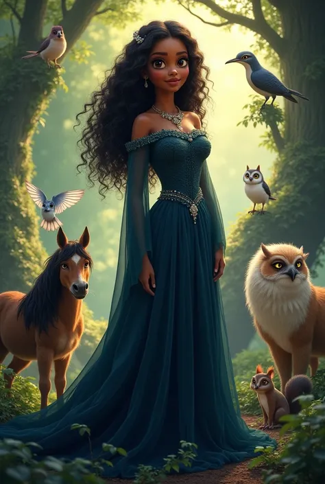 princess with angelical features in a enchanted forest with enchanted animals like birds, one horse, esquilo, coruja, a dark blue dress with manga longa shoulder to shoulder, curly black hair, black skin but light skin black, like brunette skin, lighter sk...