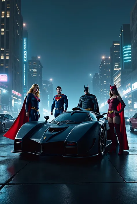 Realistic photo. Supergirl, Superman, Batman and Batgirl are posing like heroes in front of the Batmobile, in a futuristic American city by night.