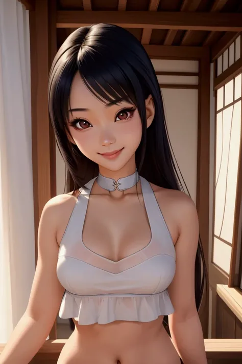 a close up of a woman wearing crop top posing for a photo, cute seductive smile, beautiful asian girl, beautiful seductive anime teen, hyper realistic anime, perfect expression, japanese goddess, seductive anime girl, with a seductive smile, Friendly and s...