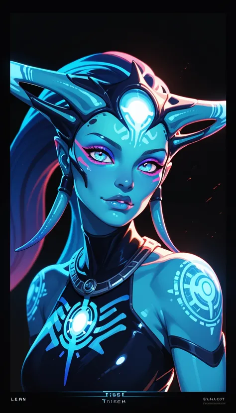 Medieval Extraterrestrial Creature, Alien Being, ((Non-Human)), Female seductive Alien, colorful skin, Holographic Alien Tribal, Tribal Alien Priestess, Glowing Makeup, Blacklight, Glowing, Seductive Alien, Black Background, Character Design Sheet, ((eye f...