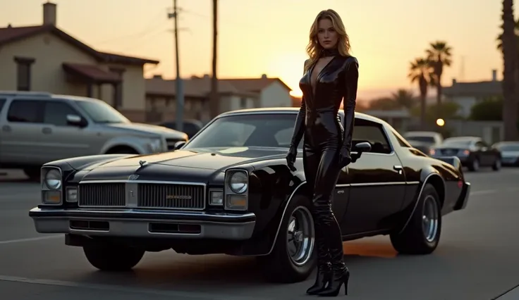 realistic photo, woman standing next to rat rod , wearing  black shinny pvc jumpsuit , black shiny pvc jacket , wearing black shinny pvc thigh high boots , black shinny pvc long gloves , in californian street at dusk