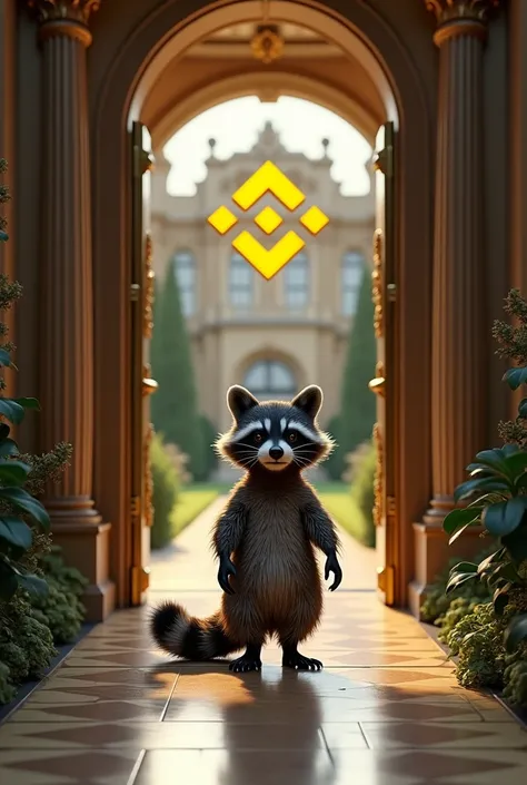 A humanoid raccoon being invited into a large house with the Binance symbol on the door and a door in gold