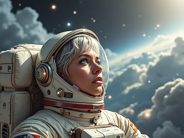 (Close-up of a better masterpiece:1.5)0.9], (Space and astronauts:1.2) (Messy silver hair:1.1) (Het blue eyes:1.2) (Space Helmet:1.0) (Colored stars in the eyes:1.0) (A radiant glow:1.1) (thick lips:0.9)