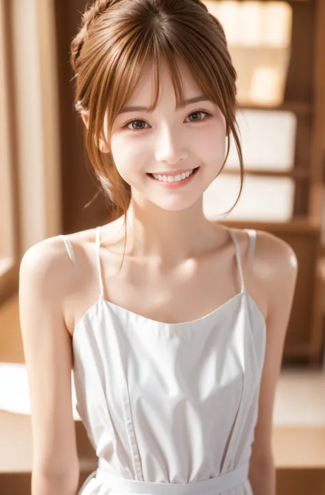 maid,cute pretty girl,masterpiece,high definition,4k,8k,16k,chignon hair,brown hair,skinny,thin body,smile