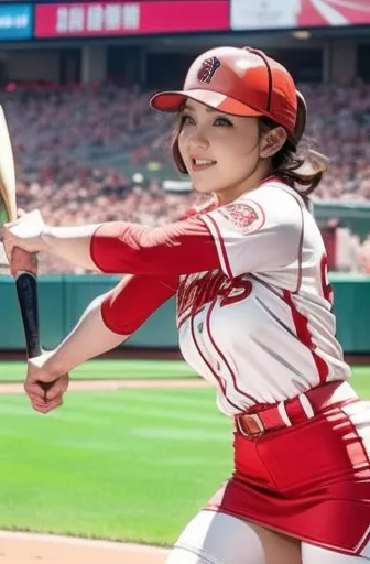 a very beautiful woman wearing a hiroshima carp uniform,hitting at giants stadium、 bat