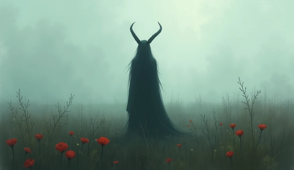 heavy fog , dark environment, Shadow of a horned woman in a flowery field,  impressionist painting style 