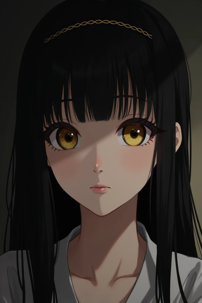  Straight black-haired girl with a headband, yellow-eyed and black-eyed 