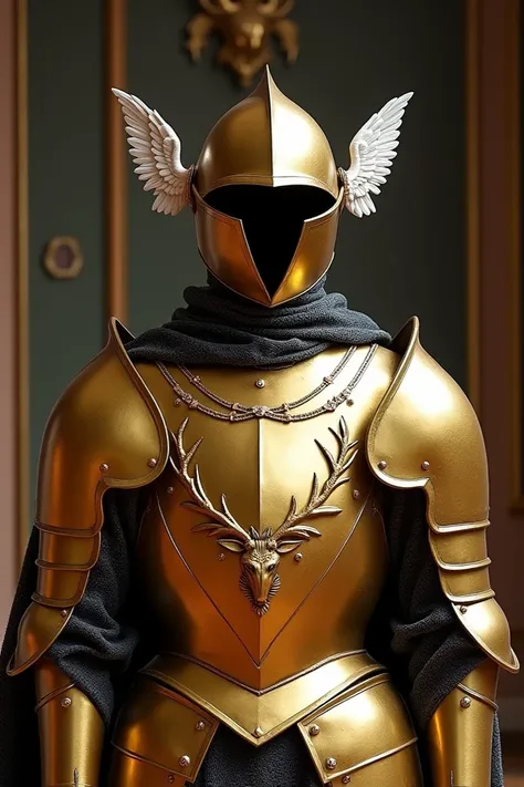 Historicaly acccirate plate armor in golden color with helmet that do not cover face with smal white wings on side of ears on the helmet and on the chestplate is coat of arms that looks like stags head