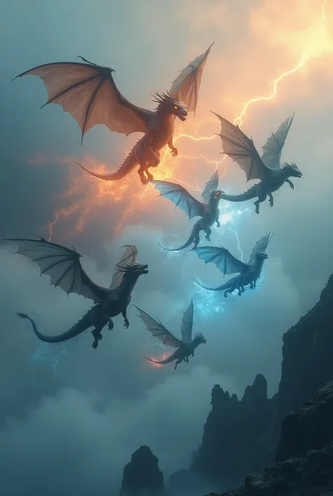 Wide angle, cinematic, slow motion: A breathtaking scene showcasing the ancient dragons of the elements—Fire, Lightning, Ice, Water, and Earth—emerging from the mist. Each dragon, representing its element, flies majestically over vast, sacred landscapes. T...