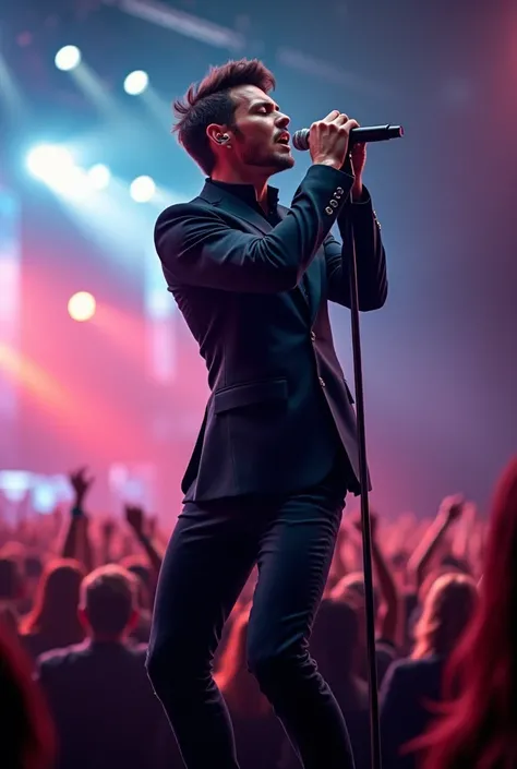 Create a man singing at a concert with a microphone looking in profile