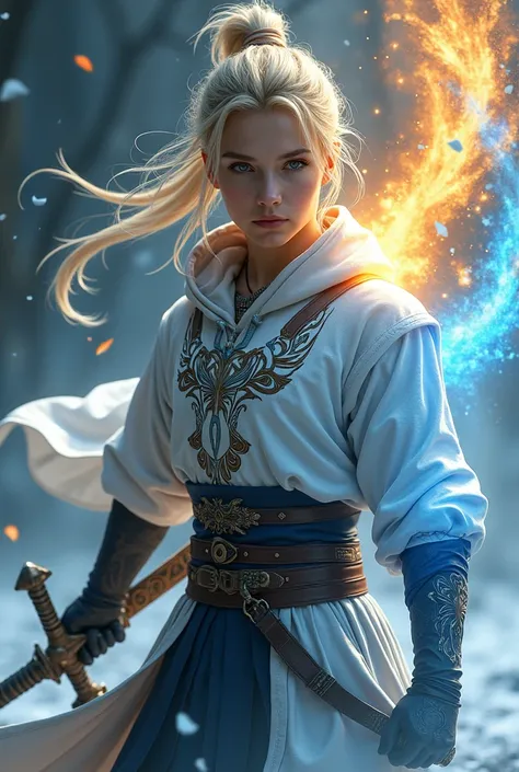 young adult,  Magic Swordsman with Bound Blonde Hair, Using Fire and Ice Magic 