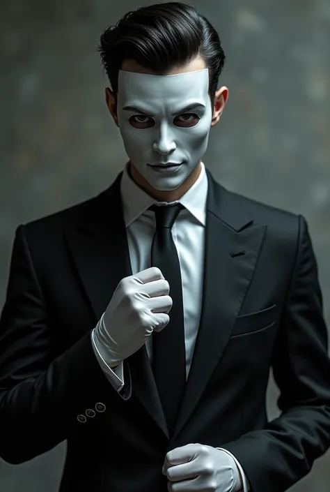 
Man wearing a theatrical mask wearing a suit, mysterious aura and white gloves formal haircut, black hair