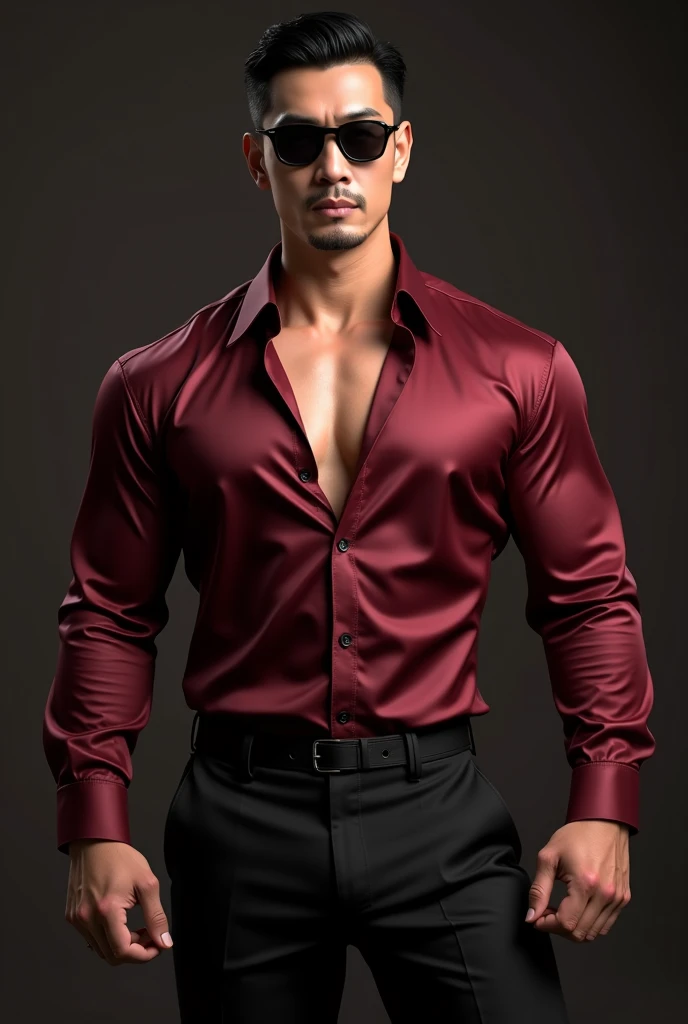     Wearing a burgundy silk shirt ，  untie the 3 buttons    ， Wear a pair of black pants on the upper and lower part of the body ，Bumps and swelling  ，      black sunglasses         ，No tie     ，Mature and sexy，  Handsome Chinese muscle man