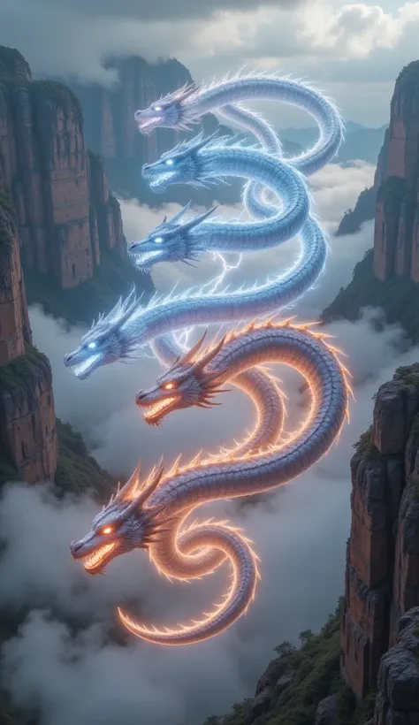 Wide angle, cinematic, slow motion: A breathtaking scene showcasing the ancient dragons of the elements—Fire, Lightning, Ice, Water, and Earth—emerging from the mist. Each dragon, representing its element, flies majestically over vast, sacred landscapes. T...