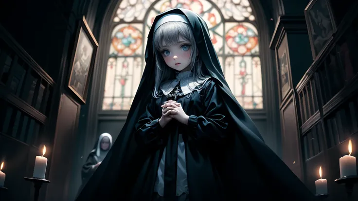 Illustration,  best quality,   1 girl,    Nun with Silver Hair and Bright Blue Eyes ,   Above Broken Walls   ,    Holding Hands and Praying   , solemn look  ,    Dark Church of Satanic Worship    ,Devils statue ,    Dark Nun Without Stained Glass  ,   Cand...