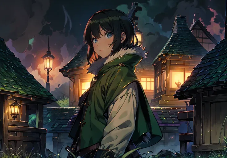 yuichiro hyakuya girl, (WithoutFear:1), 1 girl, black hair, green eyes, brown coat, gray armor, elves, sylvan, green shield, green cloak, dark brown gloves, forest, white fur trim, anime, standing, good quality, portrait, looking at viewer