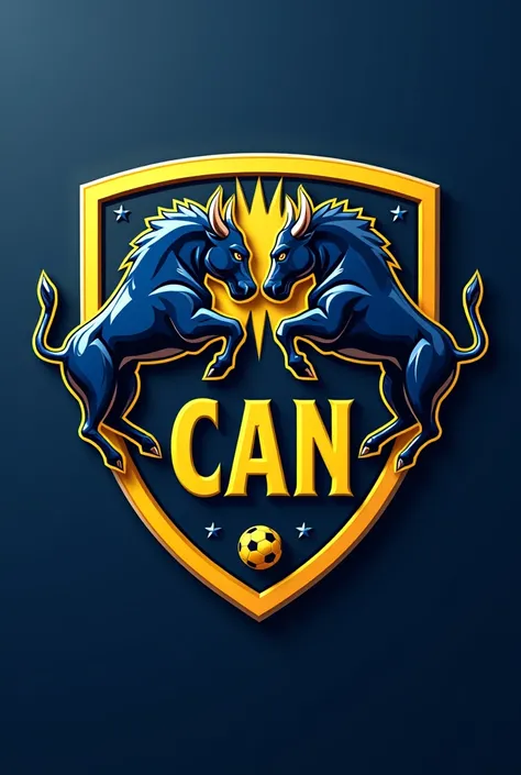  Soccer team shield that says  "can",  in the colors of Navy blue with yellow, a symbol of 2 bulls colliding.