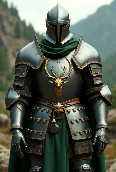 Early medivial armor with green shoulder pads and on the ches is symbol of stags heqd