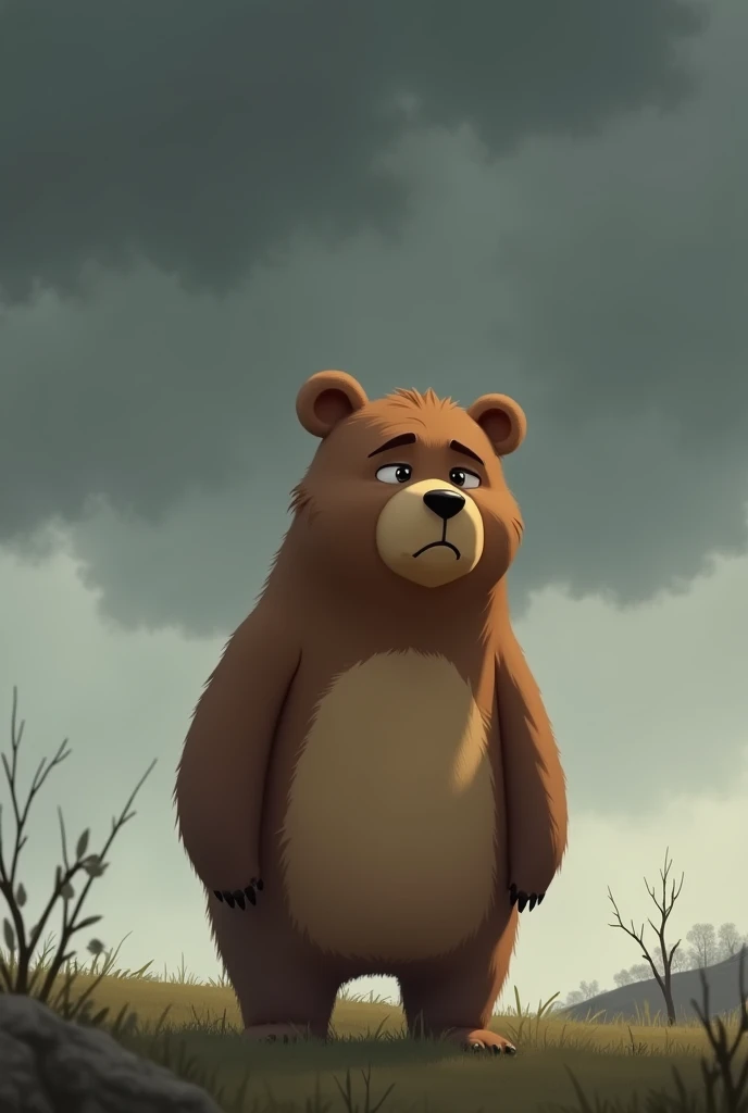 Give me a drawing of an animated bear of the same format as the previous 2D photo that is on a sad gray day with dark clouds